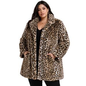 LANSHIFEI Leopard Print Faux Fur Coat XXXL Plush Mid-Length Jacket Lined Twee
